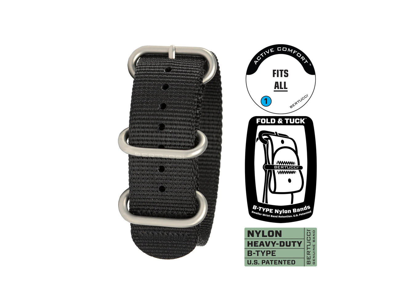 Bertucci #95 Watch Band - Black w/ matte hardware, 7/8" - 22 mm size for A-2, A-3, A-6, B-1, D-3 Cases