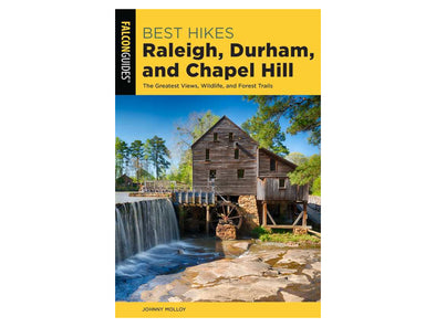 Book cover of 'Best Hikes Raleigh, Durham, and Chapel Hill' with a watermill and waterfall on the cover.