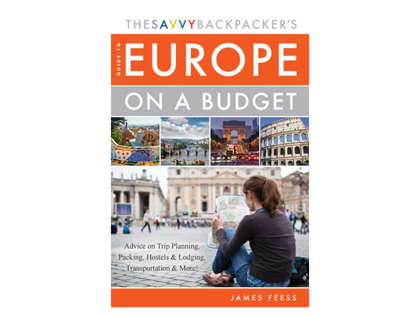 Book cover of 'Europe on a Budget' by James Feess with images of a woman looking at a map and cityscapes.