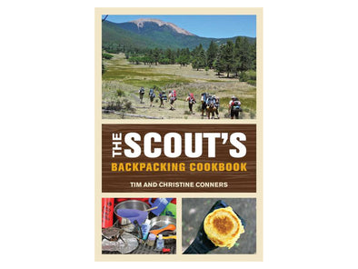 Book cover of 'The Scout's Backpacking Cookbook' with outdoor imagery and text.