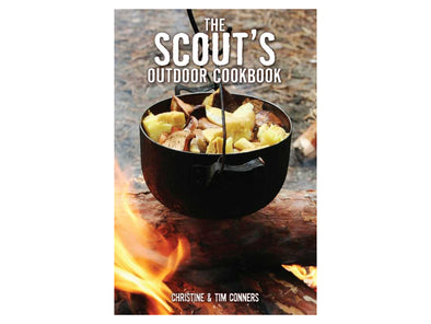 Book cover of 'The Scout's Outdoor Cookbook' with a pot over a campfire.