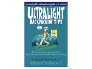 Book cover of 'Ultralight Backpackin' Tips' with a cartoon character and mountain landscape on a blue background.
