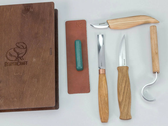 Beavercraft Spoon and Kuksa Carving Professional Set with Knives and Strop in a Book Case - S43
