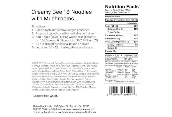 AlpineAire Creamy Beef & Noodles with Mushrooms Ingredients