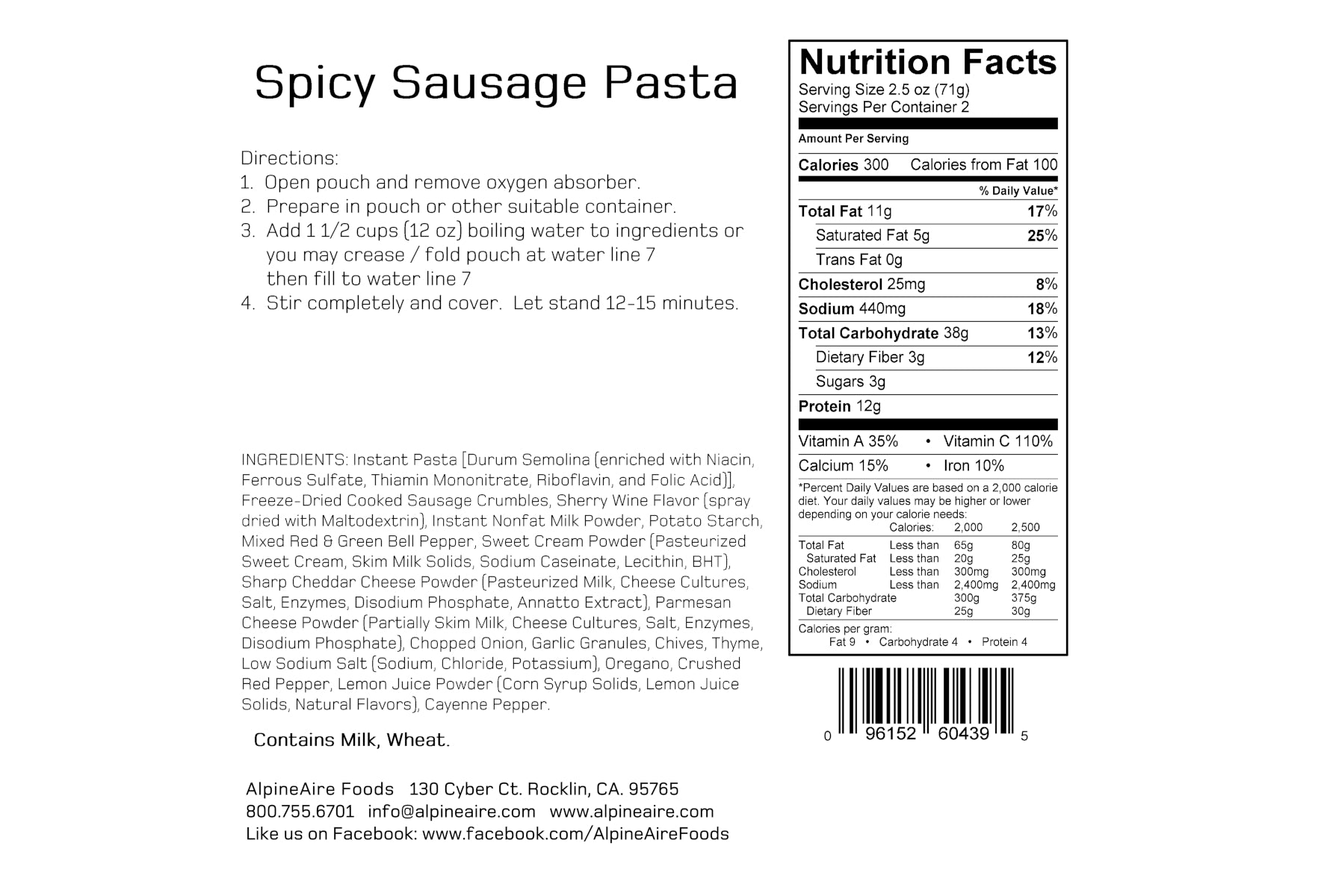 AlpineAire Spicy Sausage Pasta Ingredients