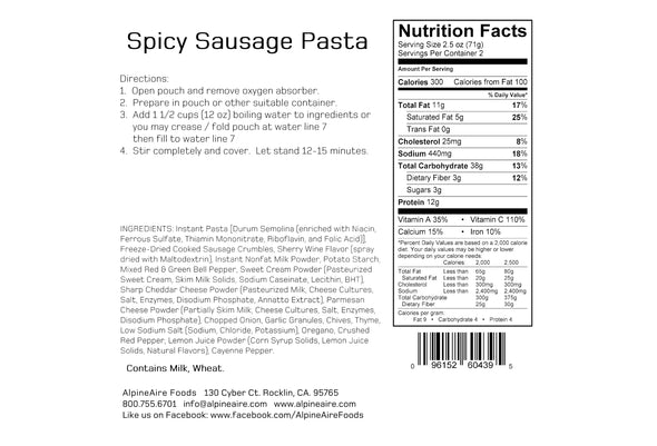 AlpineAire Spicy Sausage Pasta Ingredients