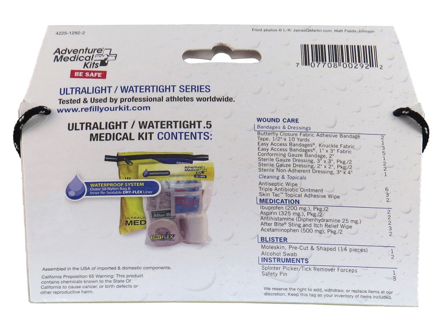 Back of the package list the items in the Adventure Medical Ultralight .5 Medical Kit